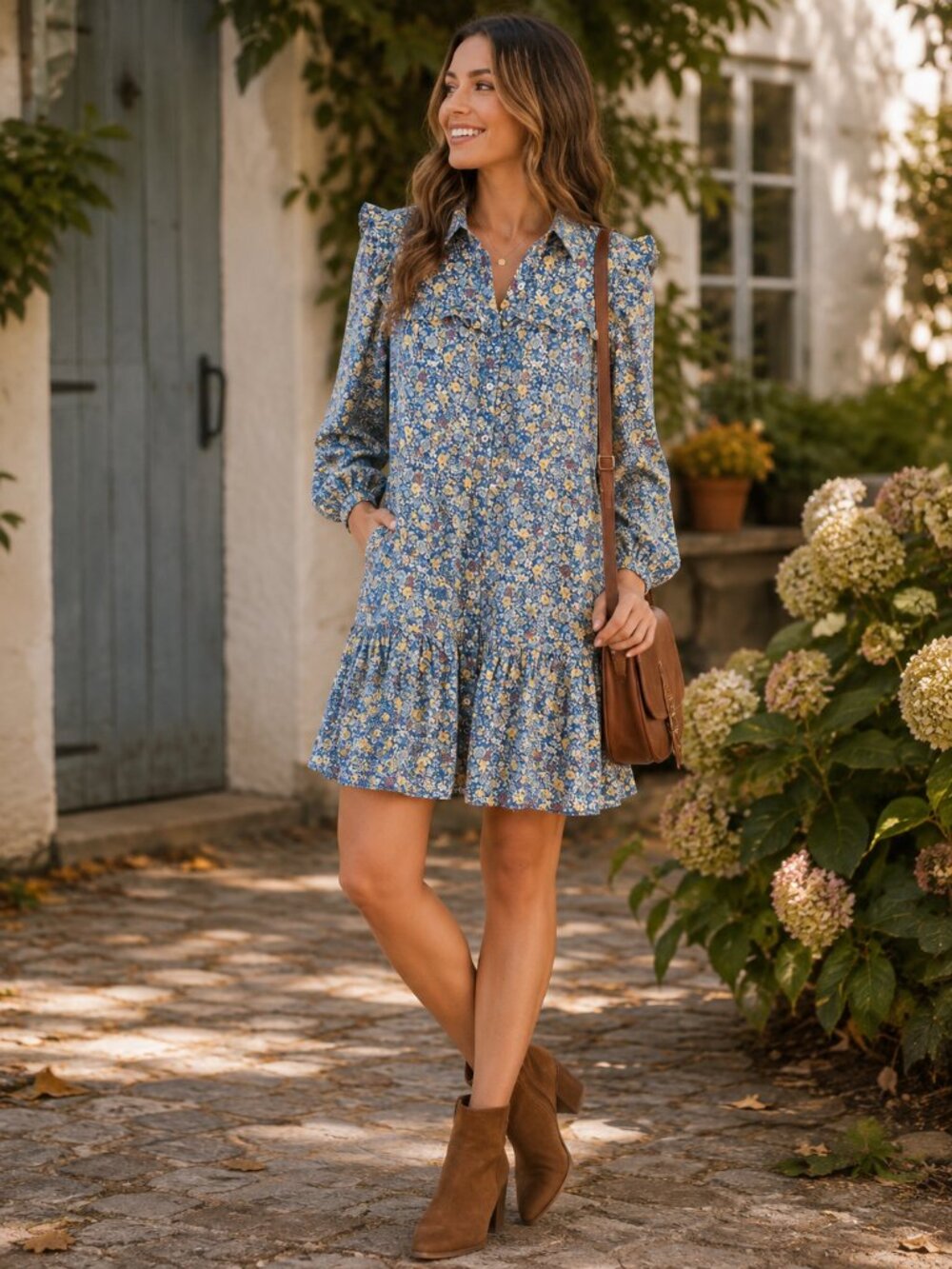 Calista Blue Ditsy Floral Cotton Ruffle Shirt Dress Pockets Small